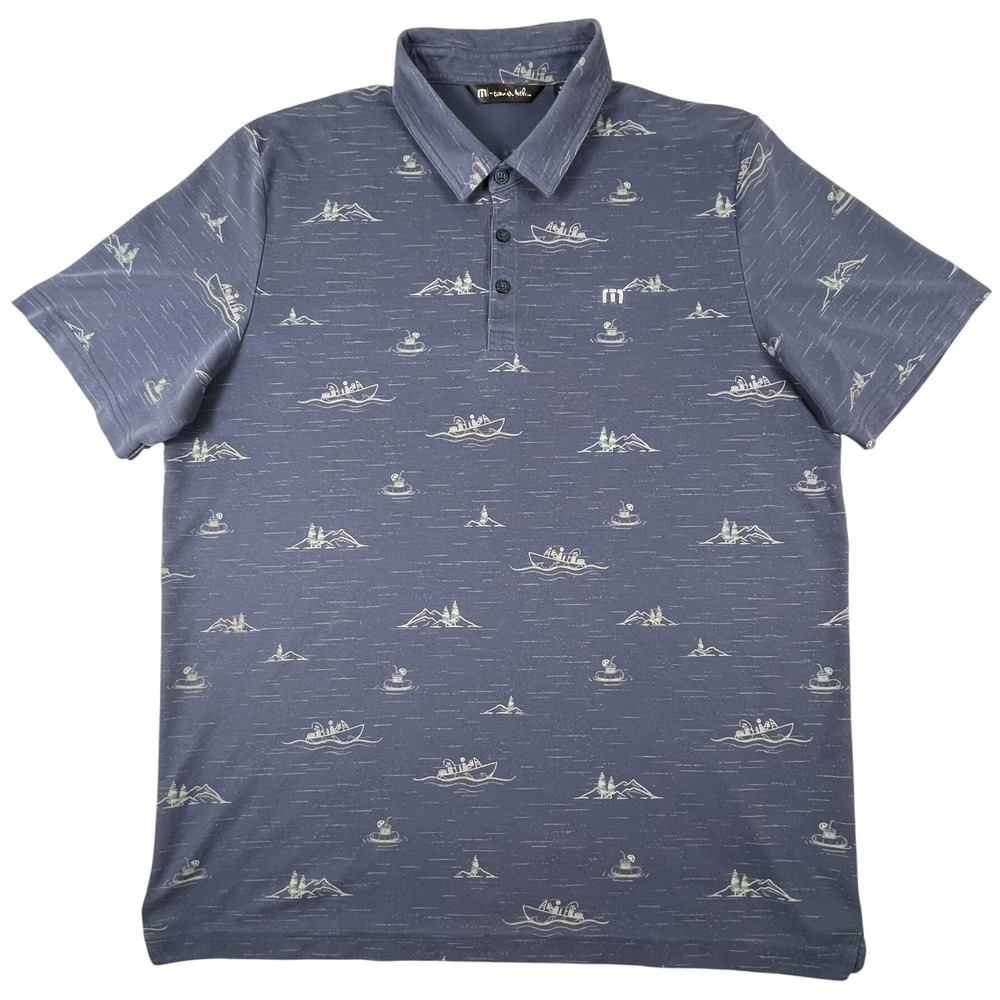 TravisMathew Polo Mens XXL Blue Nautical Boat Print Pima Cotton Blend Golf Shirt